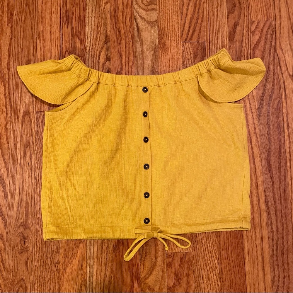 Madewell mustard yellow off-shoulder top with buttons and tie at waist